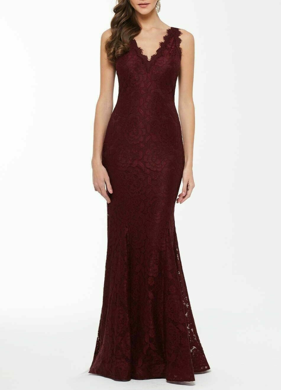 betsy & adam embellished lace mermaid gown
